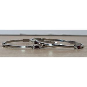 Vintage Silver Tone Red Rhinestone Hinged Bangle Bracelets Set of 2